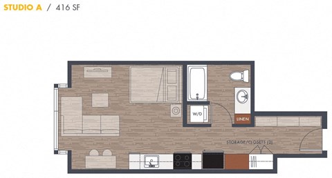 Floor plan for studio, 1 bath, 416 sqft